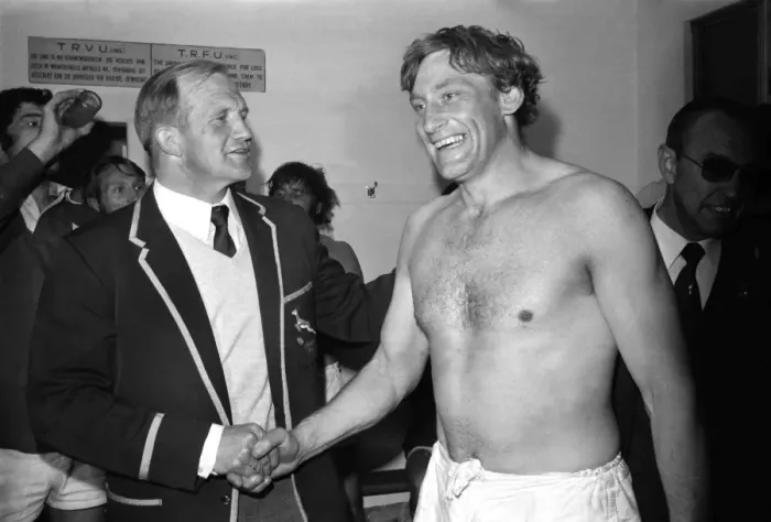 Framed Print : British Lions captain Wille John McBride shakes Springbok coach Johan Clssens hand after the final test in 1974 Framed Print : British Lions captain Wille John McBride shakes Springbok coach Johan Clssens hand after the final test in 1974