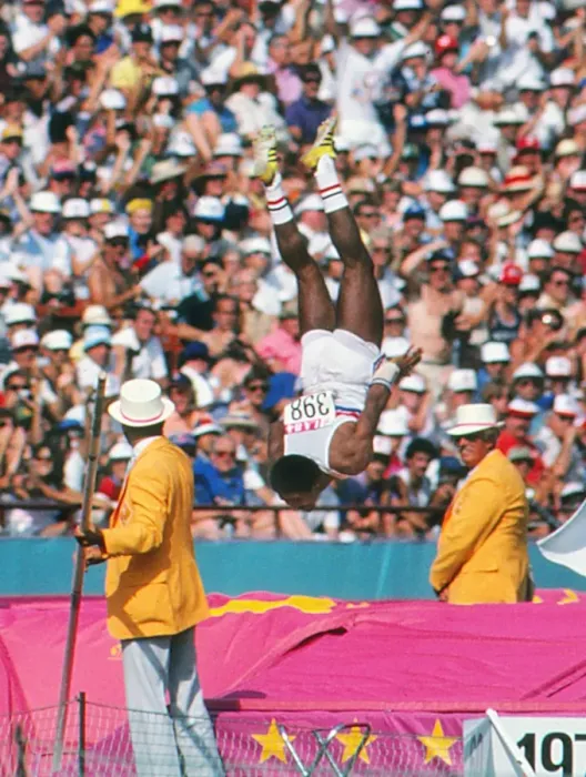 Framed Print : Daley Thompsons famous backflip on the way to defending his Olympic decathlon title in Los Angeles Framed Print : Daley Thompsons famous backflip on the way to defending his Olympic decathlon title in Los Angeles