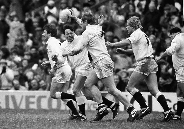Dean Richard celebrates his try on his England debut - 1986 Five Nations