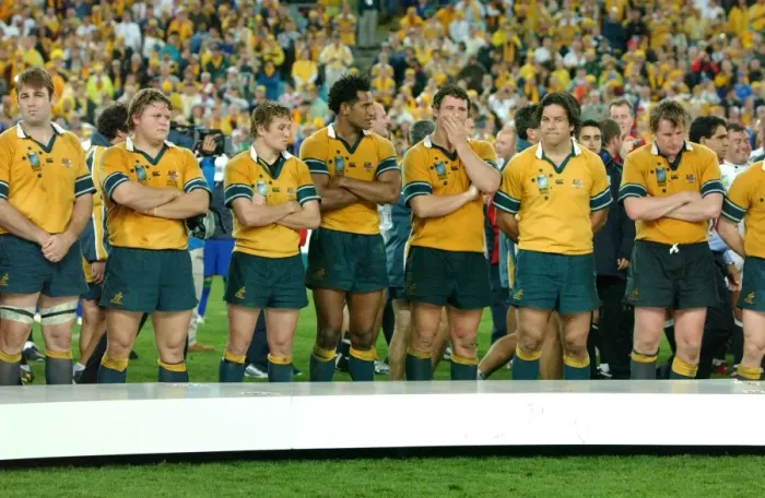 Framed Print : Dejected Australian players line up to receive their losers medals Framed Print : Dejected Australian players line up to receive their losers medals
