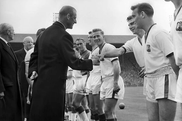 Duncan Edwards is introduced to Prince Philip before the 1957 FA Cup Final