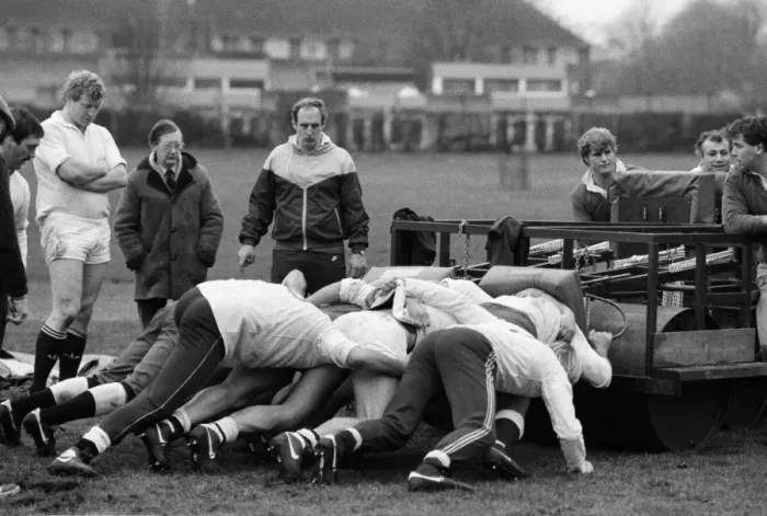 Framed Print : England coach Martin Green oversees a scrummaging session in 1986 Framed Print : England coach Martin Green oversees a scrummaging session in 1986