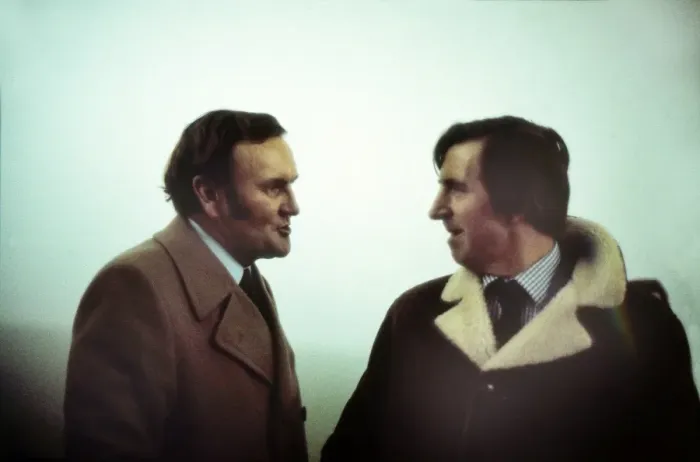 Framed Print : England manager Don Revie and FA Secretary Ted Coker in the fog during the abandoned game against Czechoslovakia in 1975 Framed Print : England manager Don Revie and FA Secretary Ted Coker in the fog during the abandoned game against Czechoslovakia in 1975