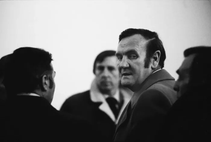 Framed Print : England manager Don Revie in the fog during the abandoned game against Czechoslovakia in 1975