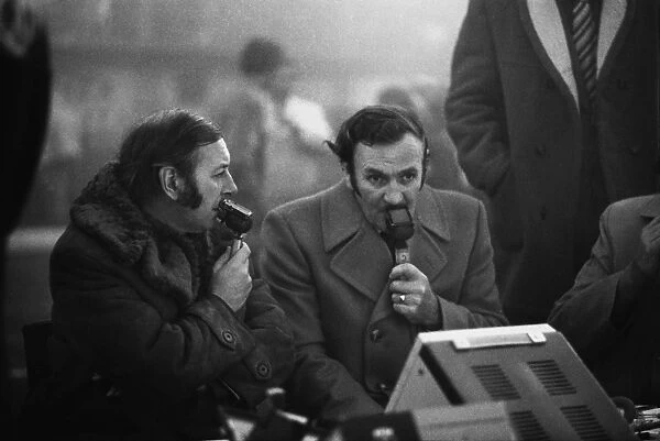 England manager Don Revie is interviewed by television commentator David Coleman in the fog after the game against Czechoslovakia was abandoned in 1975