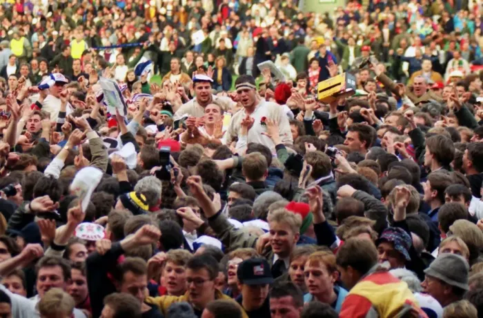 Framed Print : England players are carried off the Twickenham pitch after winning the Grand Slam in 1992 Framed Print : England players are carried off the Twickenham pitch after winning the Grand Slam in 1992