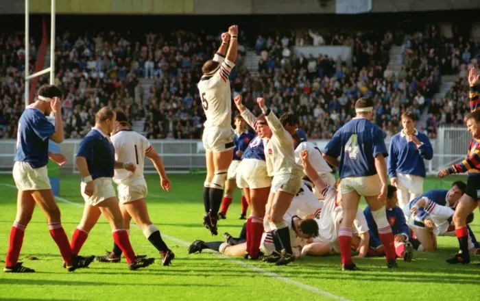 Framed Print : England players celebrate Will Carlings try in the 1991 Rugby World Cup Quarter-finals Framed Print : England players celebrate Will Carlings try in the 1991 Rugby World Cup Quarter-finals