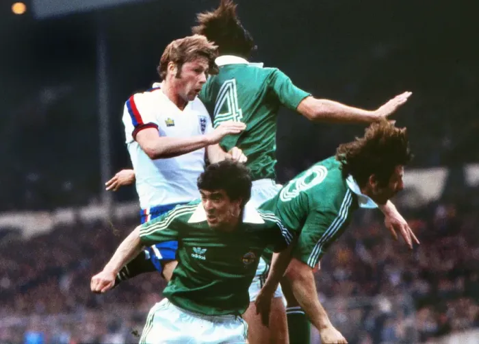 Framed Print : Englands Brian Greenhoff takes on Northern Ireland - 1978 British Home Championship