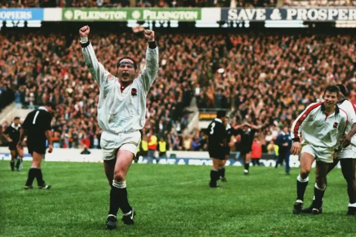 Framed Print : Englands Brian Moore celebrates victory over the All Blacks in 1993