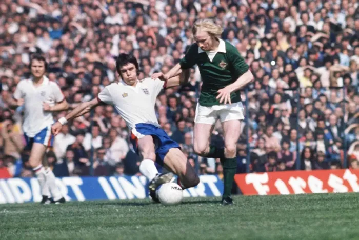 Framed Print : Englands Dave Watson tackles Northern Irelands Derek Spence in 1975 Framed Print : Englands Dave Watson tackles Northern Irelands Derek Spence in 1975
