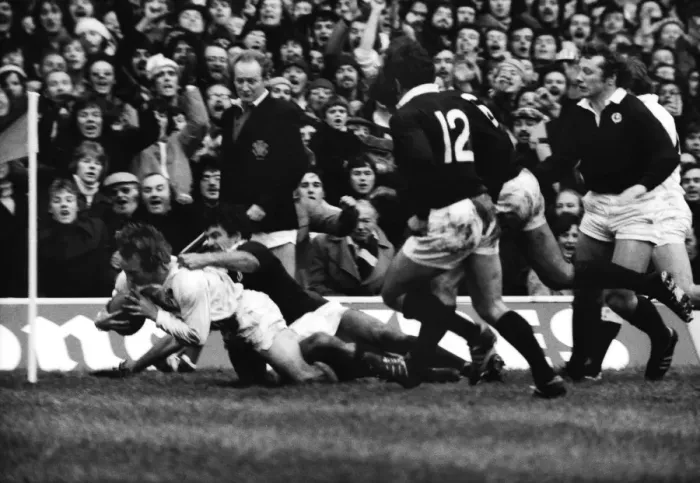 Framed Print : Englands Malcolm Young scores against Scotland - 1977 Five Nations Framed Print : Englands Malcolm Young scores against Scotland - 1977 Five Nations