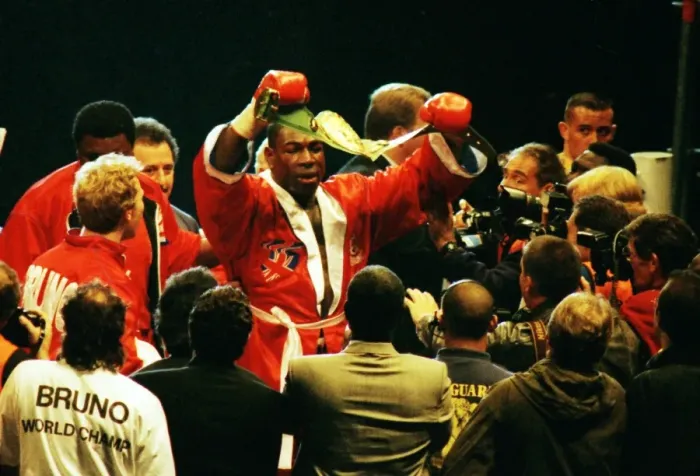 Framed Print : Frank Bruno celebrates winning the WBC title after defeating Oliver McCall Framed Print : Frank Bruno celebrates winning the WBC title after defeating Oliver McCall
