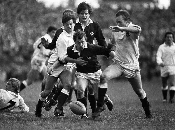 Huw Davies, Roy Laidlaw and Peter Wheeler compete for the balll - 1983 Five Nations