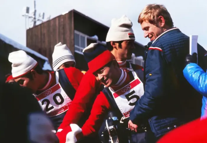 Framed Print : The three Japanese jumpers who had a clean-sweep of the medals celebrate - 1972 Sapporo Winter Olympics Framed Print : The three Japanese jumpers who had a clean-sweep of the medals celebrate - 1972 Sapporo Winter Olympics