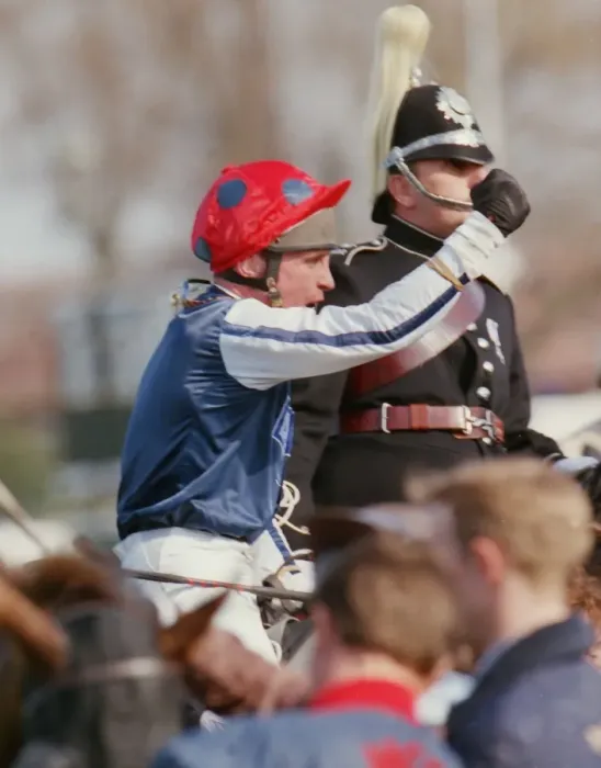 Framed Print : Jason Titley celebrates winning the 1995 Grand National on Royal Athlete Framed Print : Jason Titley celebrates winning the 1995 Grand National on Royal Athlete
