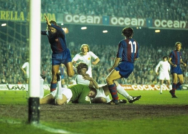 Leeds United goalkeeper David Stewart makes a save during the 1975 European Cup semi-final