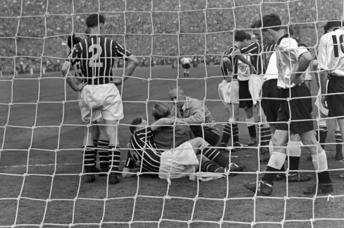 Framed Print : Manchester City goalkeeper Bert Trautmann lies injured - 1956 FA Cup Final Framed Print : Manchester City goalkeeper Bert Trautmann lies injured - 1956 FA Cup Final