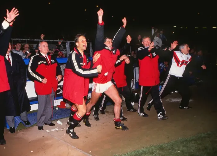 Framed Print : The Manchester United bench celebrate after reaching the 1990 FA Cup Final Framed Print : The Manchester United bench celebrate after reaching the 1990 FA Cup Final