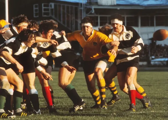 Framed Print : Mervyn Davies and Garrick Fay tangle during Australias Final Challenge against the Babarians in 1976 Framed Print : Mervyn Davies and Garrick Fay tangle during Australias Final Challenge against the Babarians in 1976