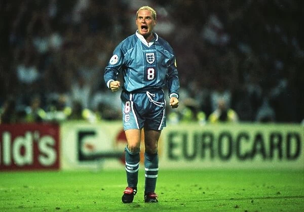 Paul Gascoigne celebrates scoring his penalty in the semi-final of Euro 96