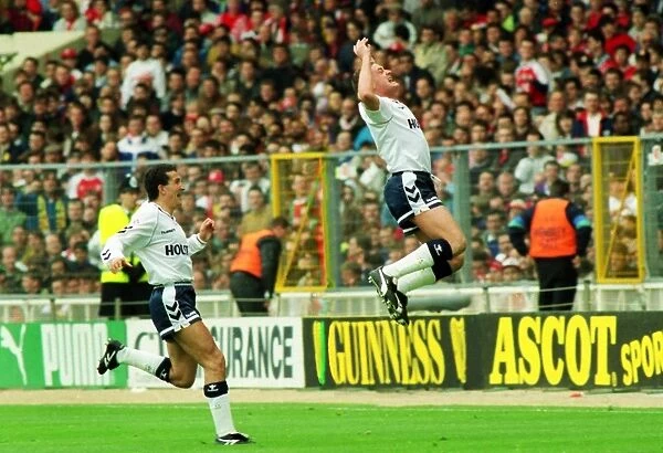Paul Gascoigne celebrates scoring his stunning FA Cup semi-final free-kick against Arsenal in 1991