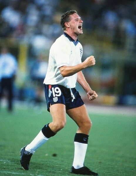 Paul Gascoigne celebrates victory over Belgium at Italia 90