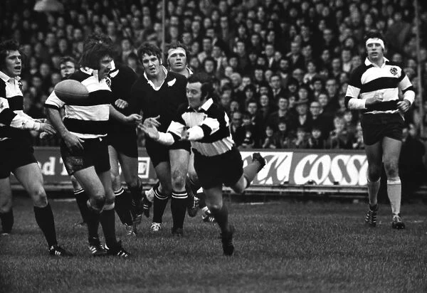 Phil Bennett passes for the Barbarians against the All Blacks in 1973