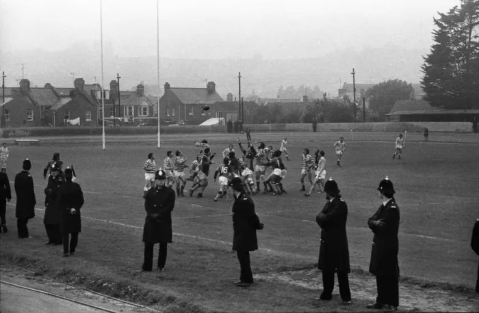 Framed Print : Policemen line the pitch during the South African Barbarians game against Devon in 1979 Framed Print : Policemen line the pitch during the South African Barbarians game against Devon in 1979