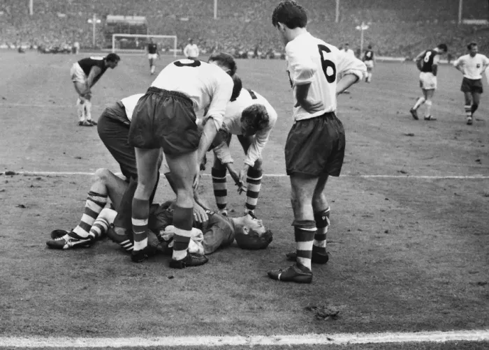 Framed Print : Preston goalkeeper Alan Kelly lies injured - 1964 FA Cup Final Framed Print : Preston goalkeeper Alan Kelly lies injured - 1964 FA Cup Final