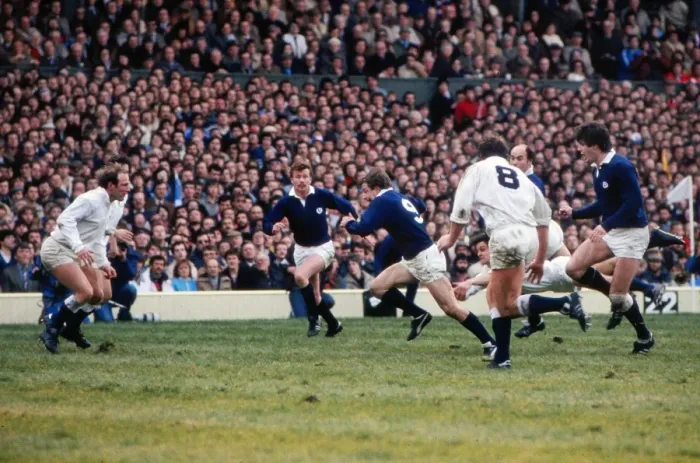 Framed Print : Roy Laidlaw makes the break for his try against England - 1983 Five Nations