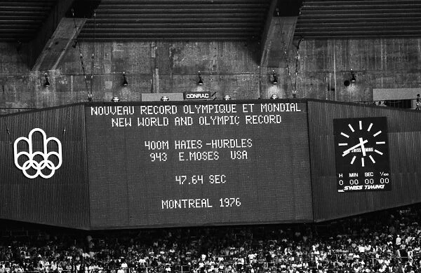 The scoreboard shows Edwin Moses world record at the 1976 Montreal Olympics