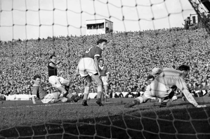Framed Print : Scotlands Willie Fernie scores against Wales - 1956 / 7 Home Championship Framed Print : Scotlands Willie Fernie scores against Wales - 1956 / 7 Home Championship