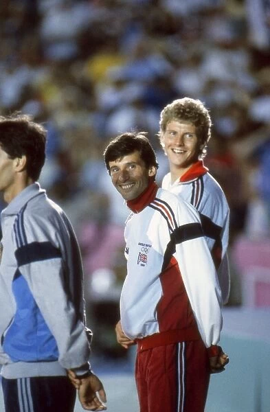 Seb Coe and Steve Cram on the 1500m medal podium at the 1984 Olympics