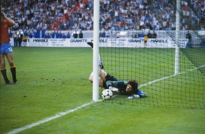 Framed Print : Spain goalkeeper Luis Arconada fumbles the ball into the net from Platinis free-kick in the final of Euro 84 Framed Print : Spain goalkeeper Luis Arconada fumbles the ball into the net from Platinis free-kick in the final of Euro 84