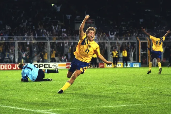 Framed Print : Swedens Tomas Brolin celebrates scoring the winning goal against England at Euro 92 Framed Print : Swedens Tomas Brolin celebrates scoring the winning goal against England at Euro 92