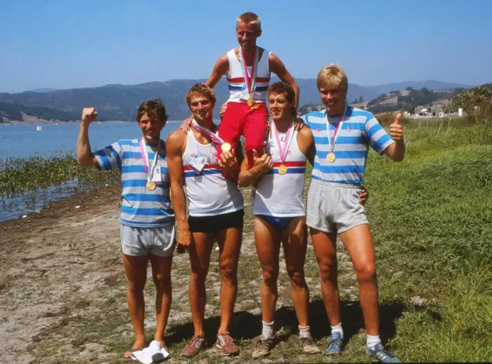 Framed Print : The victorious GB coxed fours rowers celebrate gold - 1984 Los Angeles Olympics Framed Print : The victorious GB coxed fours rowers celebrate gold - 1984 Los Angeles Olympics