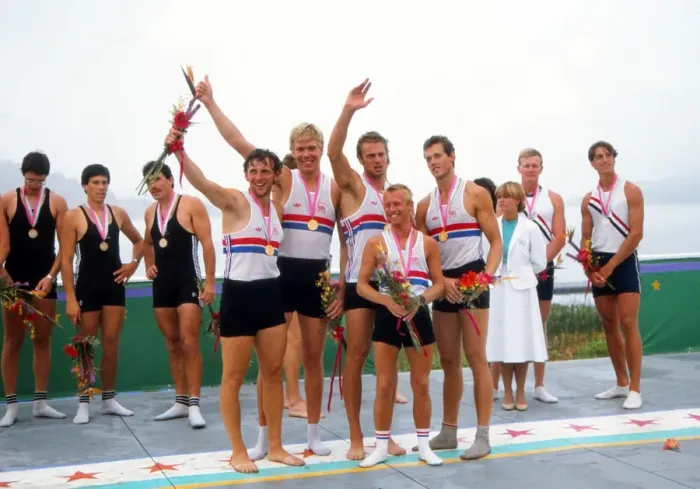 Framed Print : The victorious GB coxed fours rowers celebrate gold - 1984 Los Angeles Olympics Framed Print : The victorious GB coxed fours rowers celebrate gold - 1984 Los Angeles Olympics