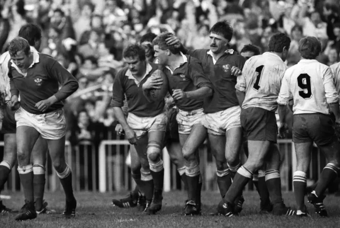 Framed Print : Wales Eddie Butler celebrates his try against France - 1984 Five Nations Framed Print : Wales Eddie Butler celebrates his try against France - 1984 Five Nations
