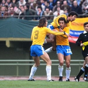 Brazils Nelinho is congratulated by teammates after scoring against Italy at the 1978 World Cup
