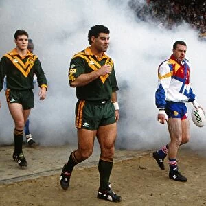 The two captains leads the teams out for the 1992 Rugby League Wolrd Cup Final