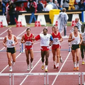 Daley Thompson celebrates with his fellow competitors after winning gold at the 1986 Edinburgh Commonwealth Games