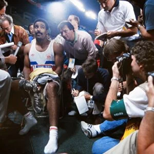 Daley Thompson talks to the press at the 1988 Olympics