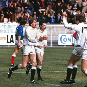 Englands Nick Preston celebrates his try against France - 1980 Five Nations