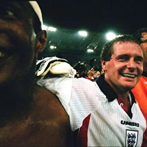 Englands Paul Ince, Paul Gascoigne and David Seaman celebrate qualification to the 1998 World Cup