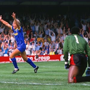 Glyn Hodges of Wimbledon celebrates scoring against Man City in 1984