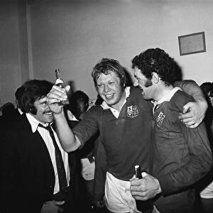 Gordon Brown and Mervyn Davies celebrate after the British Lions win the 1974 series in South Africa