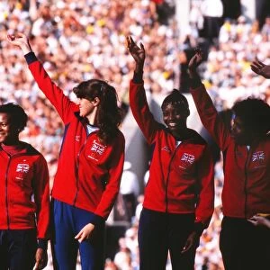 Great Britains bronze medal-winning 4x100m team on the podium at the 1980 Moscow Olympics