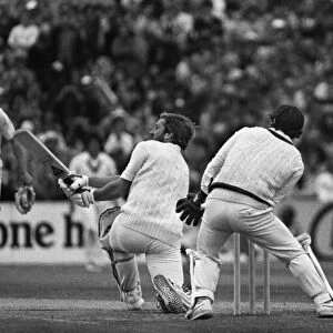 Ian Botham sweeps on the way to 118 at Old Trafford during the 1981 Ashes