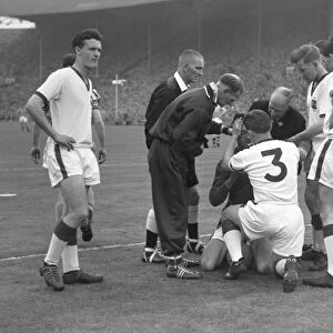 Injured Manchester United goalkeeper Ray Wood during the 1957 FA Cup Final