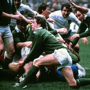 Irelands John Robbie gets the ball away against France - 1981 Five Nations